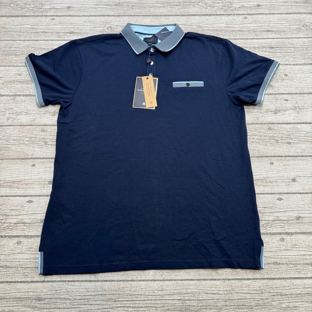 NEW Marc Asher Polo Shirt Men's Large Navy Blue New York Short Sleeve Varsity